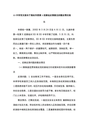 xx中学党支部关于落实市委第X巡察组反馈意见的整改情况报告.docx