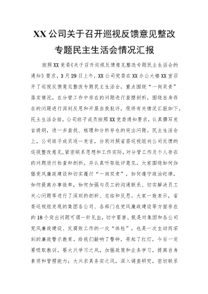 XX公司关于召开巡视反馈意见整改专题民主生活会情况汇报.docx