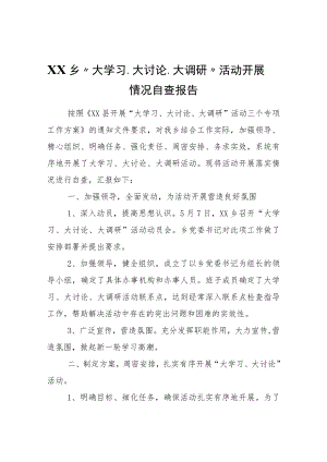 XX乡“大学习、大讨论、大调研”活动开展情况自查报告.docx