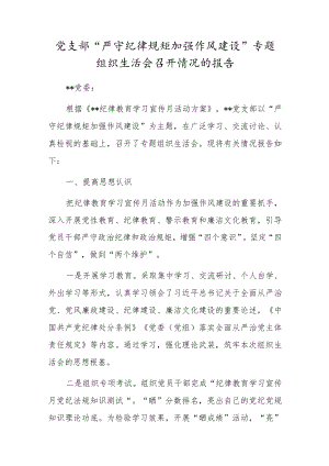 党支部“严守纪律规矩加强作风建设”专题组织生活会召开情况的报告.docx