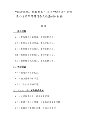 2022“解放思想、振兴发展”研讨“回头看”对照五个方面专题学习研讨个人剖析材料.docx