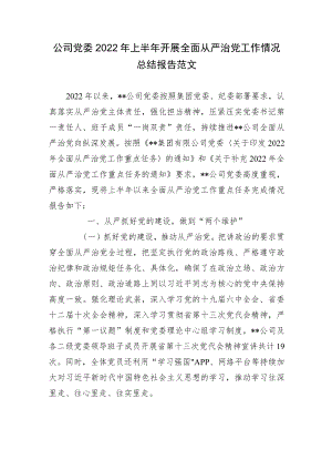 2篇公司国企党委2022上半开展全面从严治党工作情况总结报告范文.docx