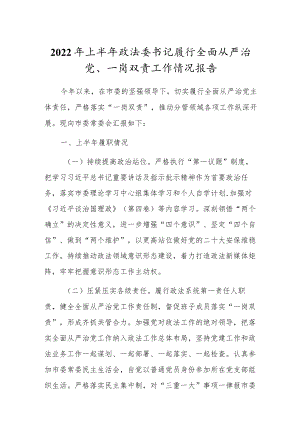 2022上半政法委书记履行全面从严治党、一岗双责工作情况报告.docx