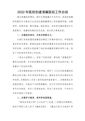 2022医院创建清廉医院工作总结.docx