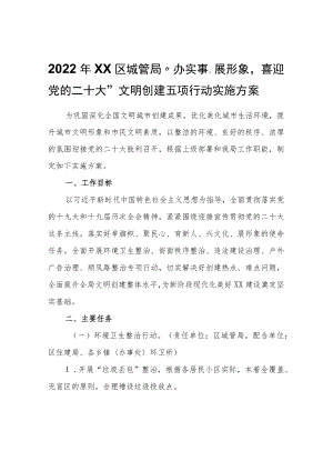 2022XX区城管局“办实事、展形象喜迎党的二十大”文明创建五项行动实施方案.docx