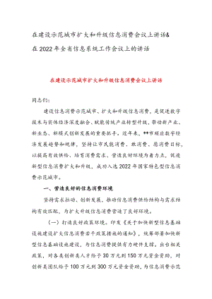 在建设示范城市扩大和升级信息消费会议上讲话 & 在2022全省信息系统工作会议上的讲话.docx