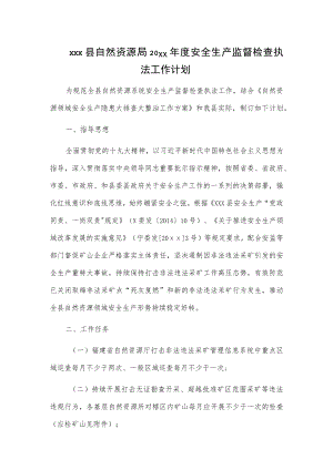 xxx县自然资源局20xx年度安全生产监督检查执法工作计划.docx