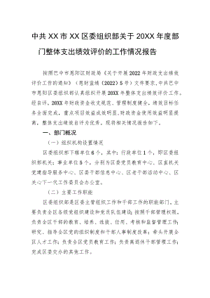 中共XX市XX区委组织部关于20XX年度部门整体支出绩效评价的工作情况报告（20220615）.docx