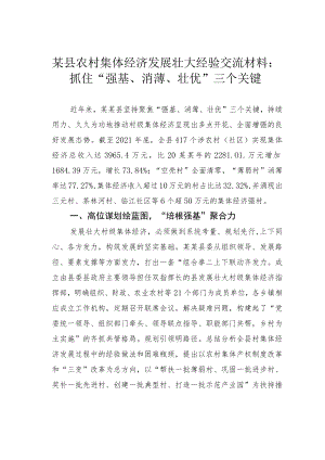 某县农村集体经济发展壮大经验交流材料：抓住“强基、消薄、壮优”三个关键.docx
