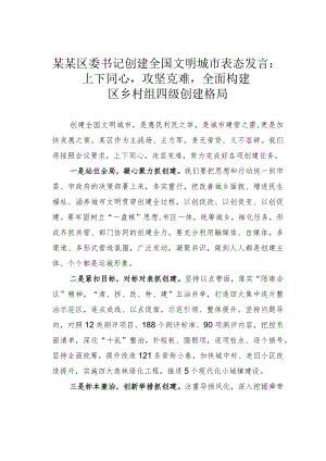 某某区委书记创建全国文明城市表态发言：上下同心攻坚克难全面构建区乡村组四级创建格局.docx