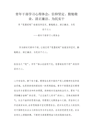 青年干部学习心得体会：信仰坚定、勤勉敬业、清正廉洁、为民实干.docx