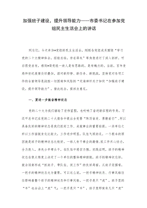 加强班子建设提升领导能力——市委书记在参加党组民主生活会上的讲话.docx