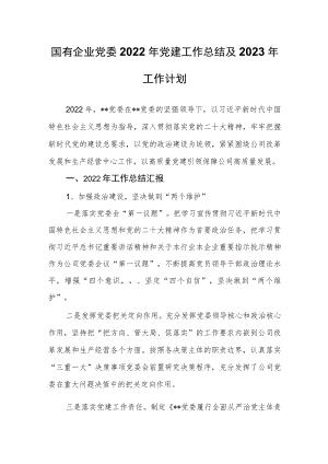 国有企业党委2022年党建工作总结及2023年工作计划.docx