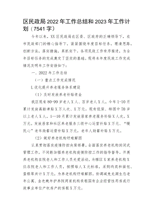 区民政局2022年工作总结和2023年工作计划.docx