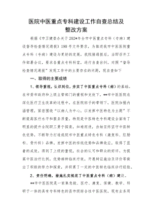 医院中医重点专科建设工作自查总结及整改方案.docx