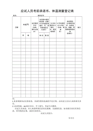 应试人员考前承诺书、体温测量登记表.docx