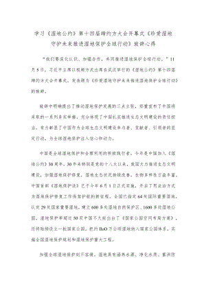 学习《湿地公约》第十四届缔约方大会开幕式《珍爱湿地 守护未来 推进湿地保护全球行动》致辞心得.docx