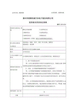 证券简称德赛西威惠州市德赛西威汽车电子股份有限公司投资者关系活动记录表.docx