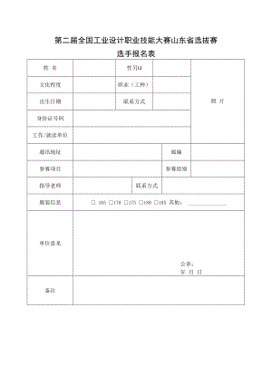 第二届全国工业设计职业技能大赛山东省选拔赛选手报名表.docx