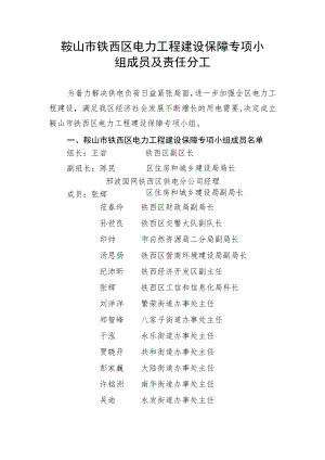 鞍山市铁西区电力工程建设保障专项小组成员及责任分工.docx
