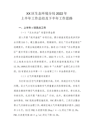 XX区生态环境分局2022年上半年工作总结及下半年工作思路.docx