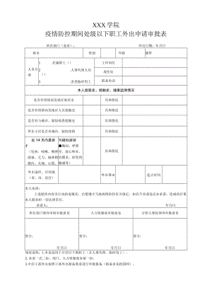 学院疫情防控期间处级以下职工外出申请审批表.docx