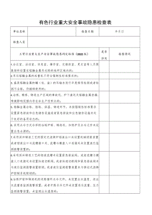 有色行业重大安全事故隐患检查表（根据2022版工贸行业重大生产安全事故隐患判定标准编制）.docx