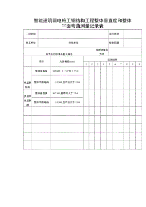 智能建筑弱电施工钢结构工程整体垂直度和整体平面弯曲测量记录表.docx