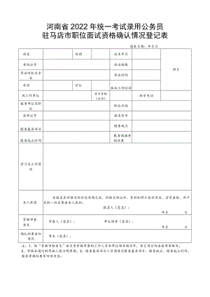 河南省2022年统一考试录用公务员驻马店市职位面试资格确认情况登记表.docx
