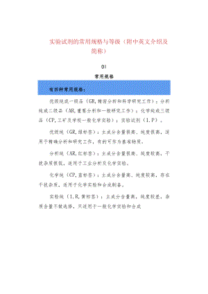 实验试剂的常用规格与等级（附中英文介绍及简称）.docx