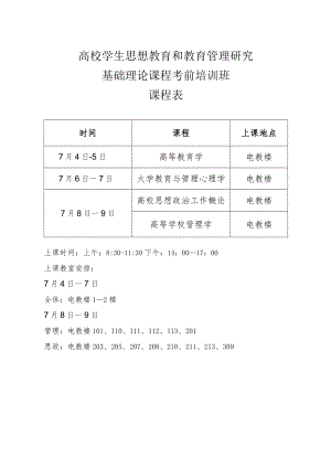 高校学生思想教育和教育管理研究基础理论课程考前培训班课程表.docx