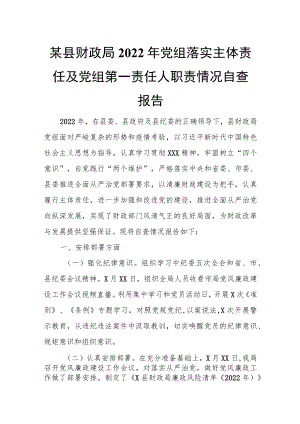 某县财政局2022年党组落实主体责任及党组第一责任人职责情况自查报告.docx