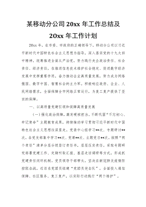 某移动分公司20xx年工作总结及20xx年工作计划.docx