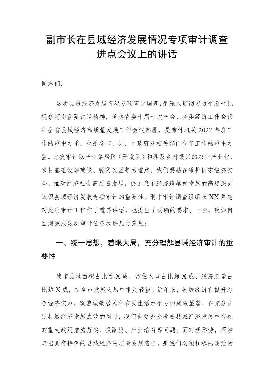 副市长在县域经济发展情况专项审计调查进点会议上的讲话.docx_第1页