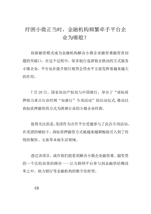 纾困小微正当时金融机构频繁牵手平台企业为哪般？.docx