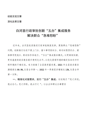 （经验交流&深化改革）白河县行政审批创新“五办”集成服务+解决群众“急难愁盼”.docx
