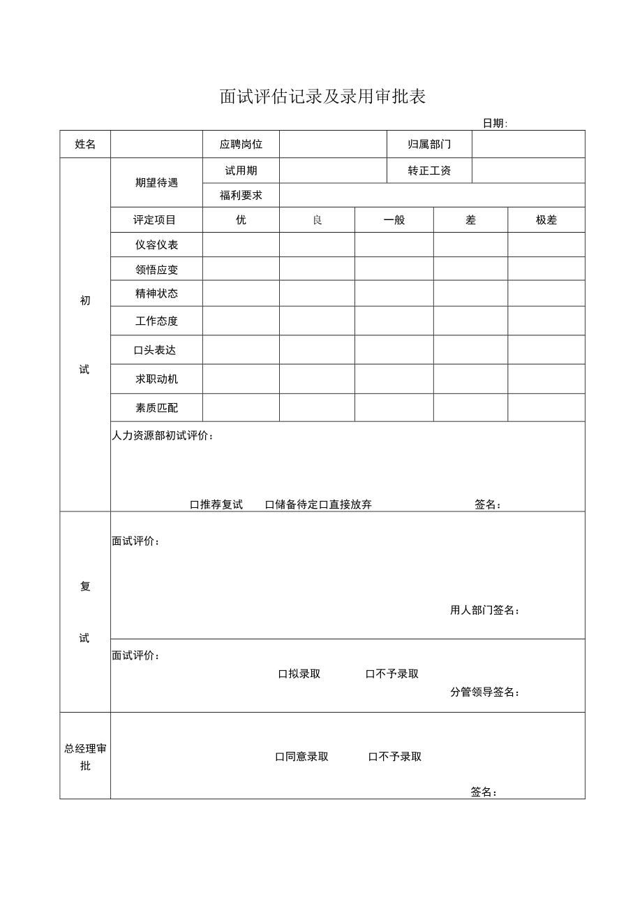 面试评估记录及录用审批表.docx_第1页