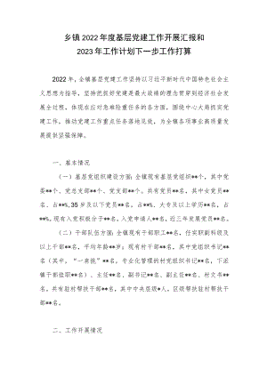 乡镇2022年度基层党建工作开展汇报和2023年工作计划下一步工作打算.docx