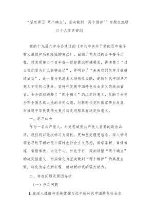“坚定捍卫‘两个确立’坚决做到‘两个维护’”专题交流研讨个人发言提纲.docx