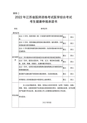 2022年江苏省医师资格考试医学综合考试考生健康申报承诺书.docx