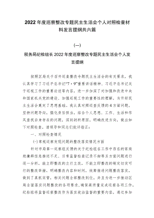 2022年度巡察整改专题民主生活会个人对照检查材料发言提纲共六篇.docx