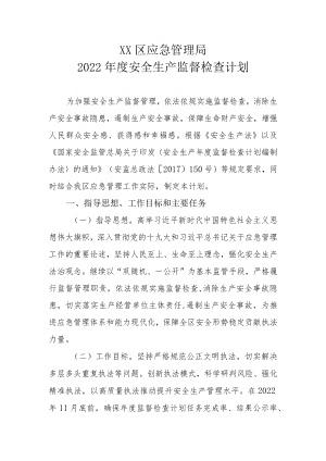 XX区应急管理局2022年度安全生产监督检查计划.docx