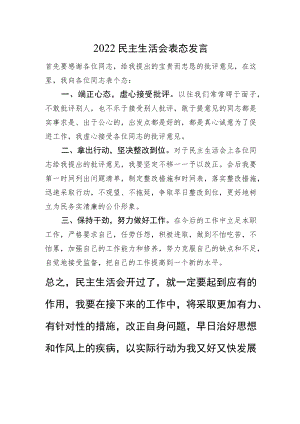 2022民主生活会表态发言.docx