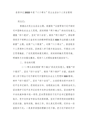 县委书记度“六个带头”民主生活会个人发言提纲.docx