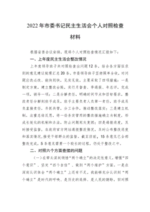 2022年市委书记民主生活会个人对照检查材料.docx