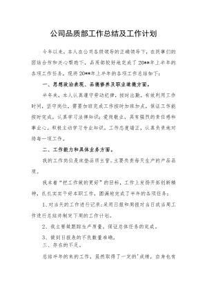 公司品质部工作总结及工作计划.docx