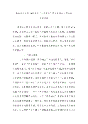 县政府办主任2022年度“六个带头”民主生活会对照检查发言材料.docx