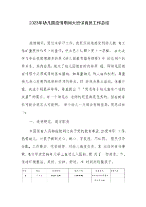 2023年幼儿园疫情期间大班保育员工作总结.docx
