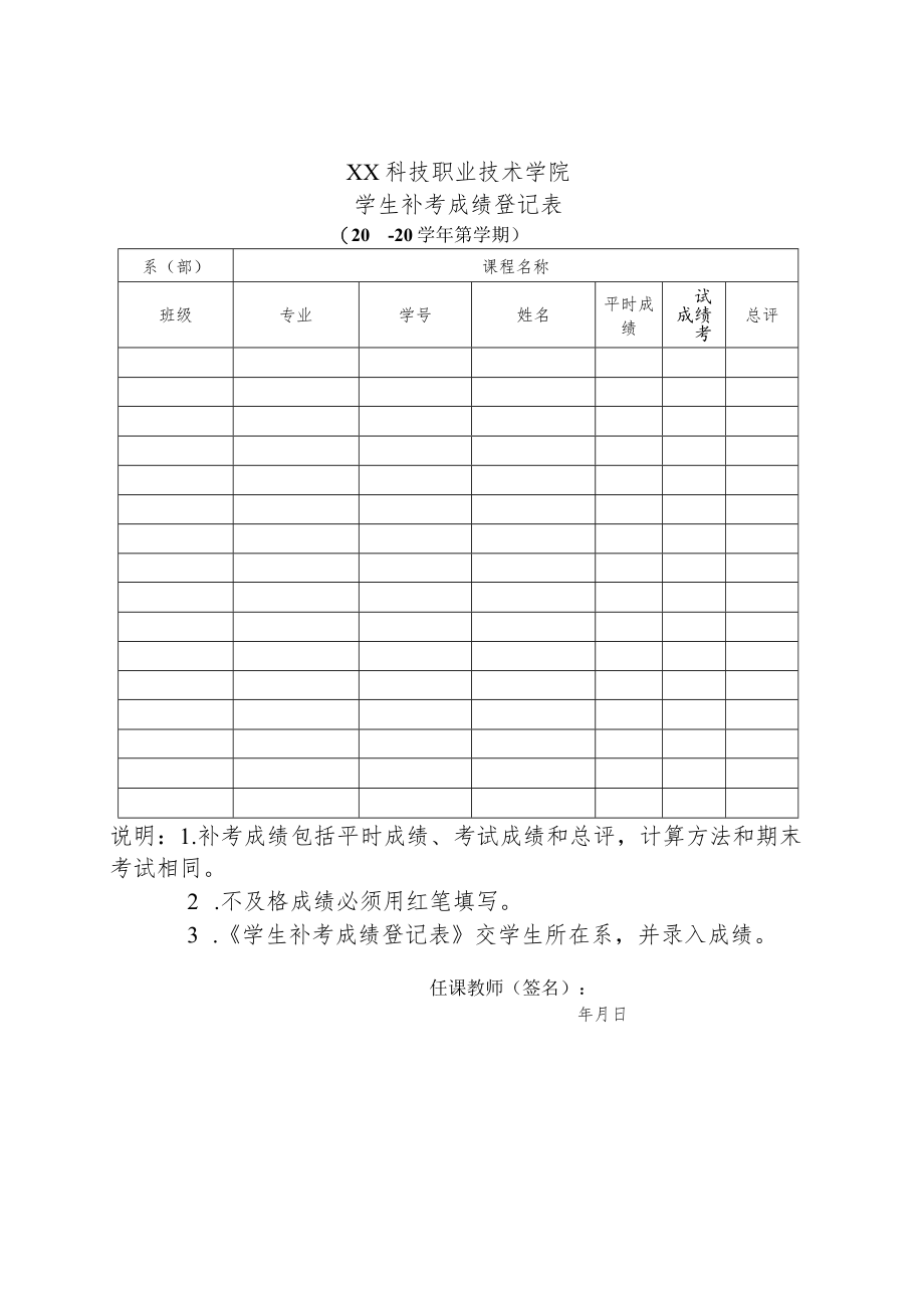 XX科技职业技术学院学生补考成绩登记表(X学年X学期).docx_第1页