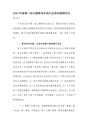 2023年度第一批主题教育总结大会讲话提纲范文.docx